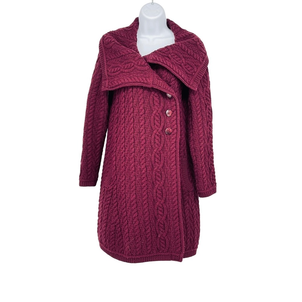 Aran Sweater Knit Merino Wool Burgundy Duster Cardigan Sweater Size‎ S Fisherman